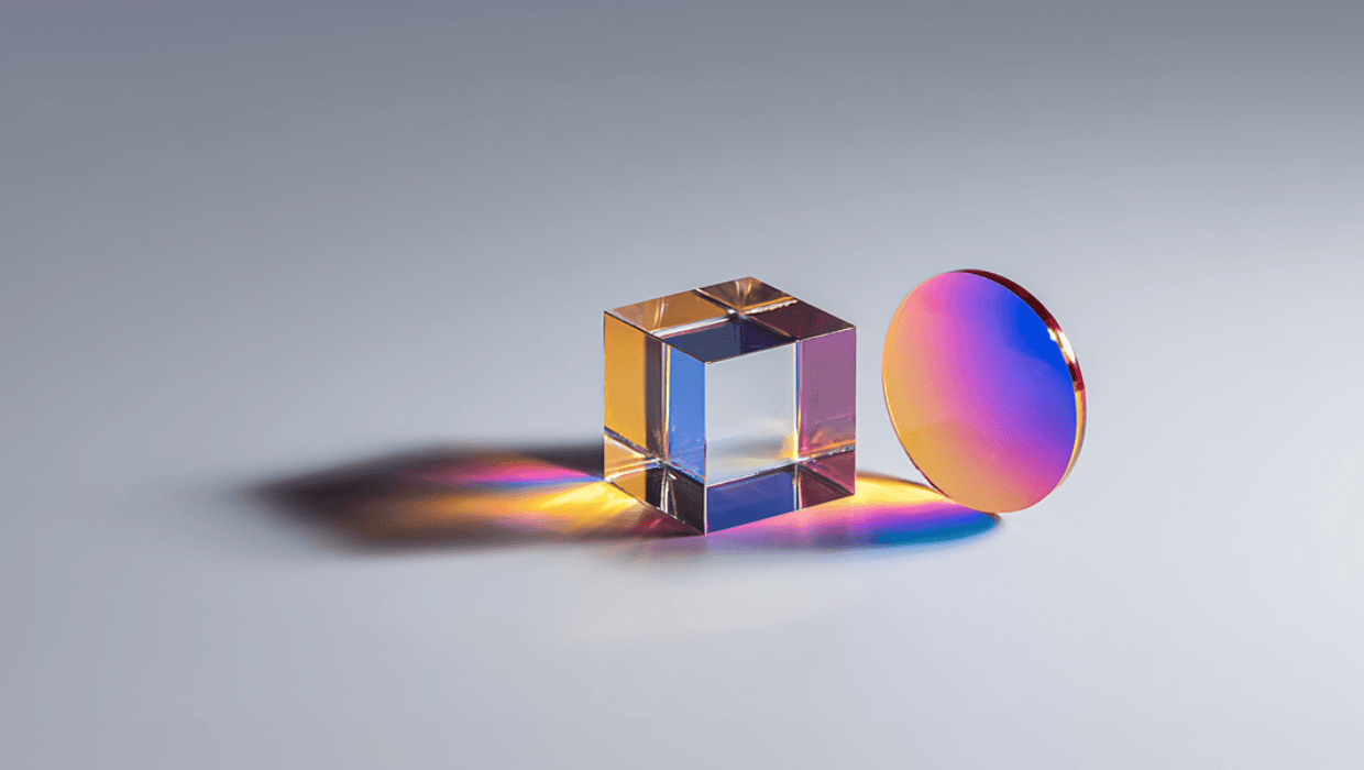 Two beam combiners: Polarizing Beamsplitter Cube standing next to dichroic mirror